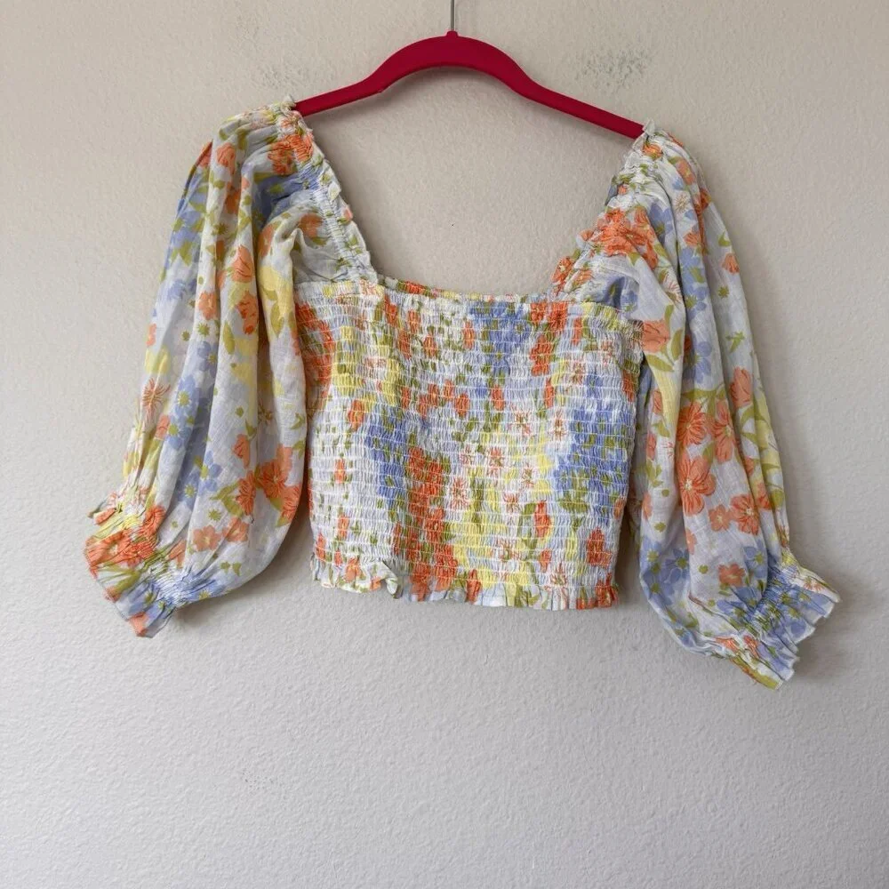Billabong Feeling Groovy Puff Sleeve Floral Smocked Crop Blouse Top Blue Small - Picture 4 of 10